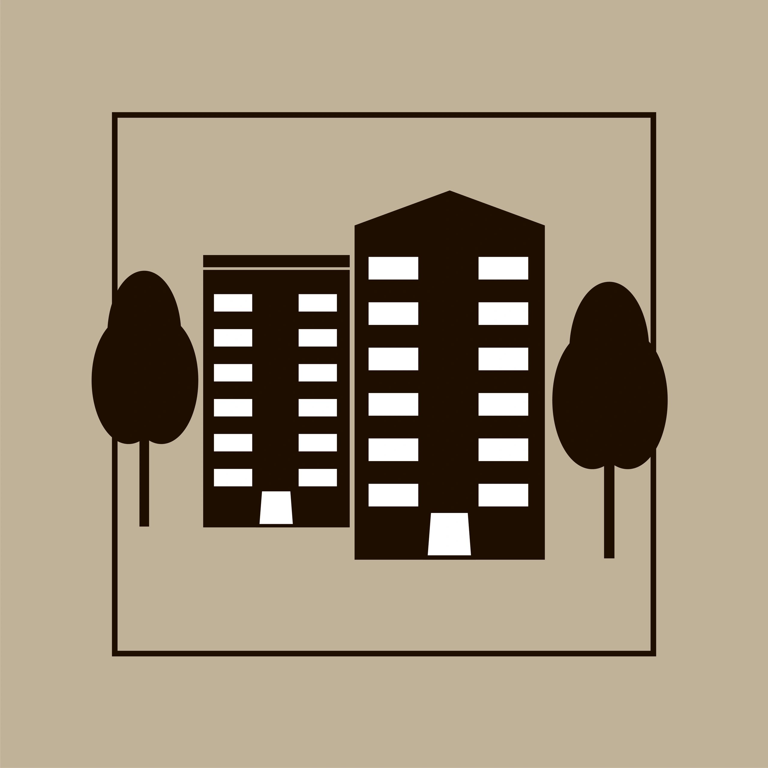 Two stylized buildings with trees and a rectangular border.