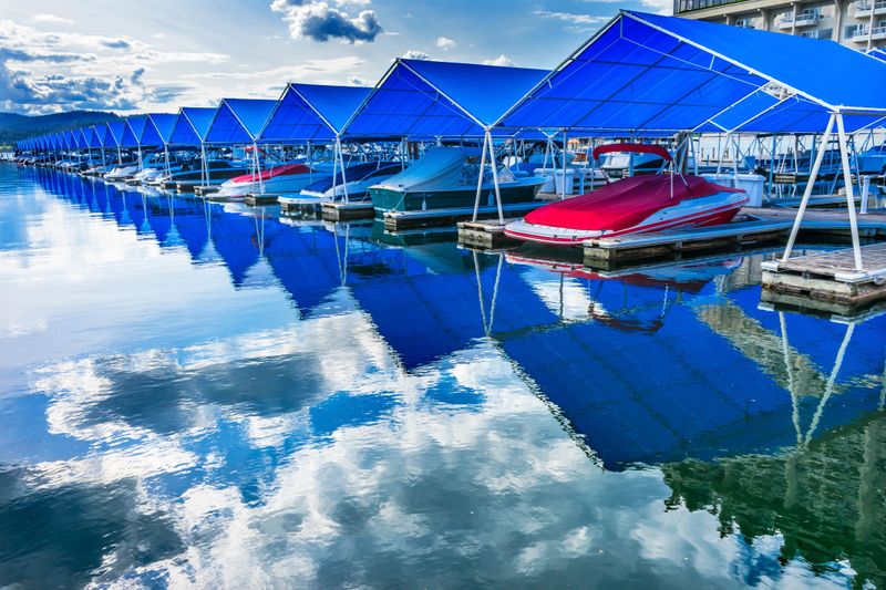 Blue Covers Boardwalk Marina Piers Boats Reflection Lake Coeur d' Alene Idaho