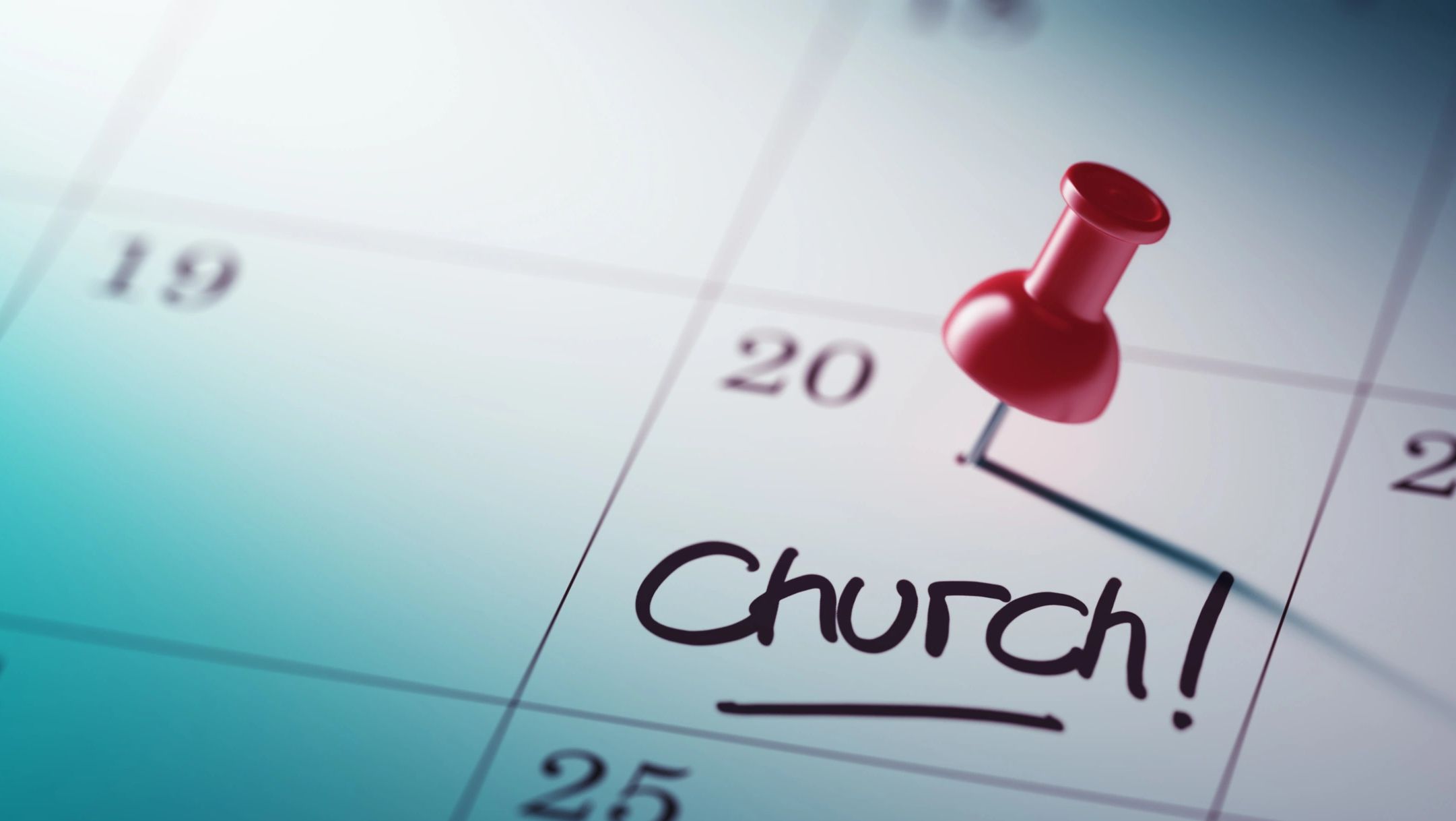 Red pushpin marks church on calendar date 20.