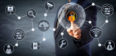 A person interacting with a digital security interface showing a central unlocked padlock.