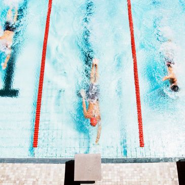 Swimmers racing in separate lanes in a pool captured from above.