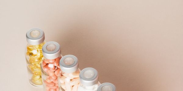 Five glass bottles with different colored pills arranged diagonally.