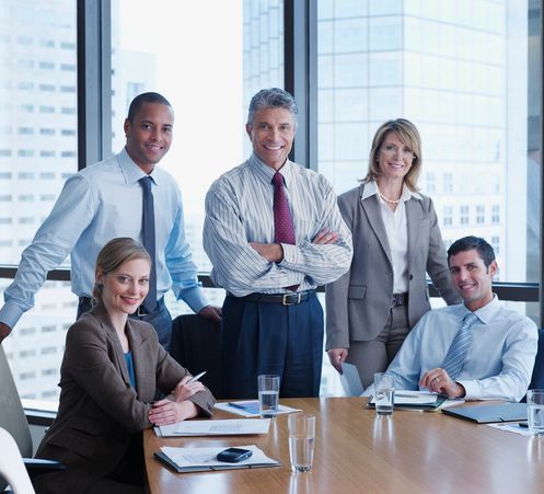 Business team collaborating in a modern office.