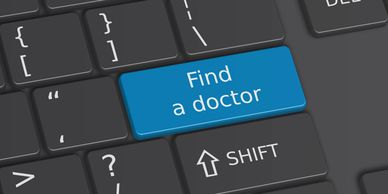 Keyboard key labeled 'Find a doctor' in blue.