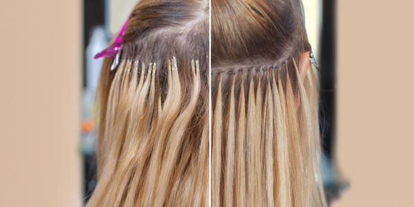 Side-by-side comparison of hair extensions before and after application, showing transformation from wavy to sleek.