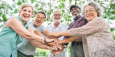 Diverse group of smiling seniors joining hands in unity outdoors.