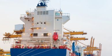 Large cargo ship docked at port with cranes.