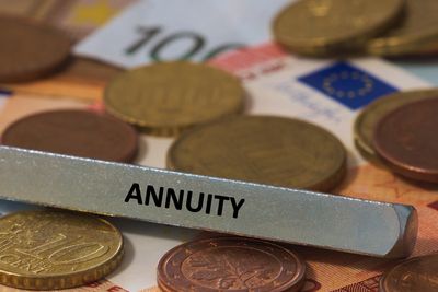 A metal bar labeled 'ANNUITY' with coins and euro banknotes.