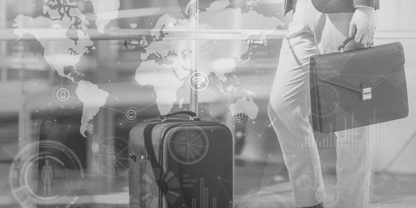  business man and luggage representing a world map and security travel 