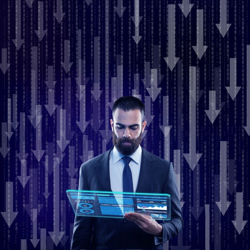 Businessman using virtual screen in front of binary code background