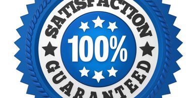Blue and white badge saying 100% satisfaction guaranteed.
