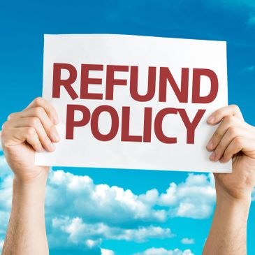 Hands holding a sign that says 'REFUND POLICY' against a blue sky.