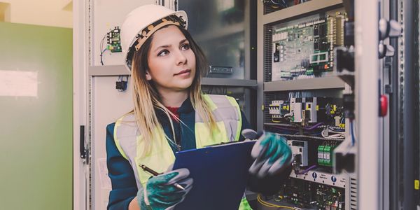 Female engineer inspecting electrical control panel with clipboard.