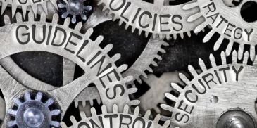 Interconnected gears labeled with business strategy terms.