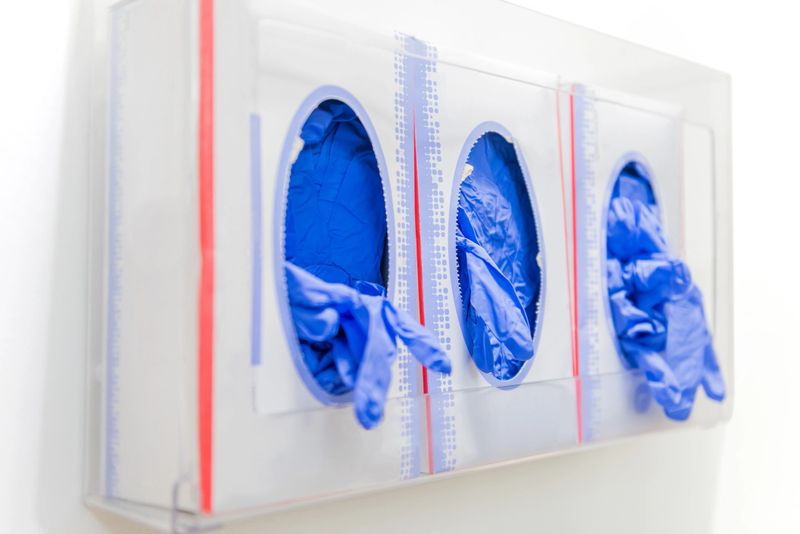 Generic blue medical gloves set at physician consult