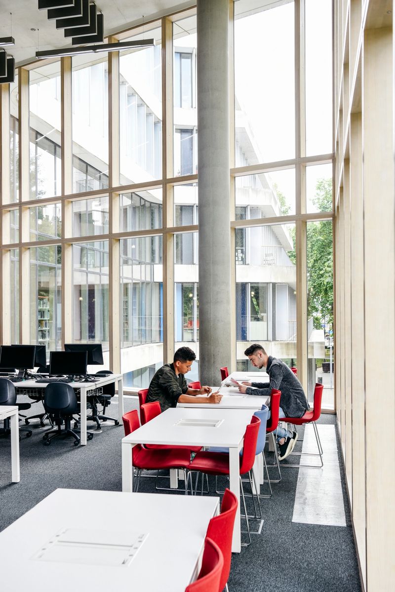 Young men sitting at table and reading in modern college interior, large window in background