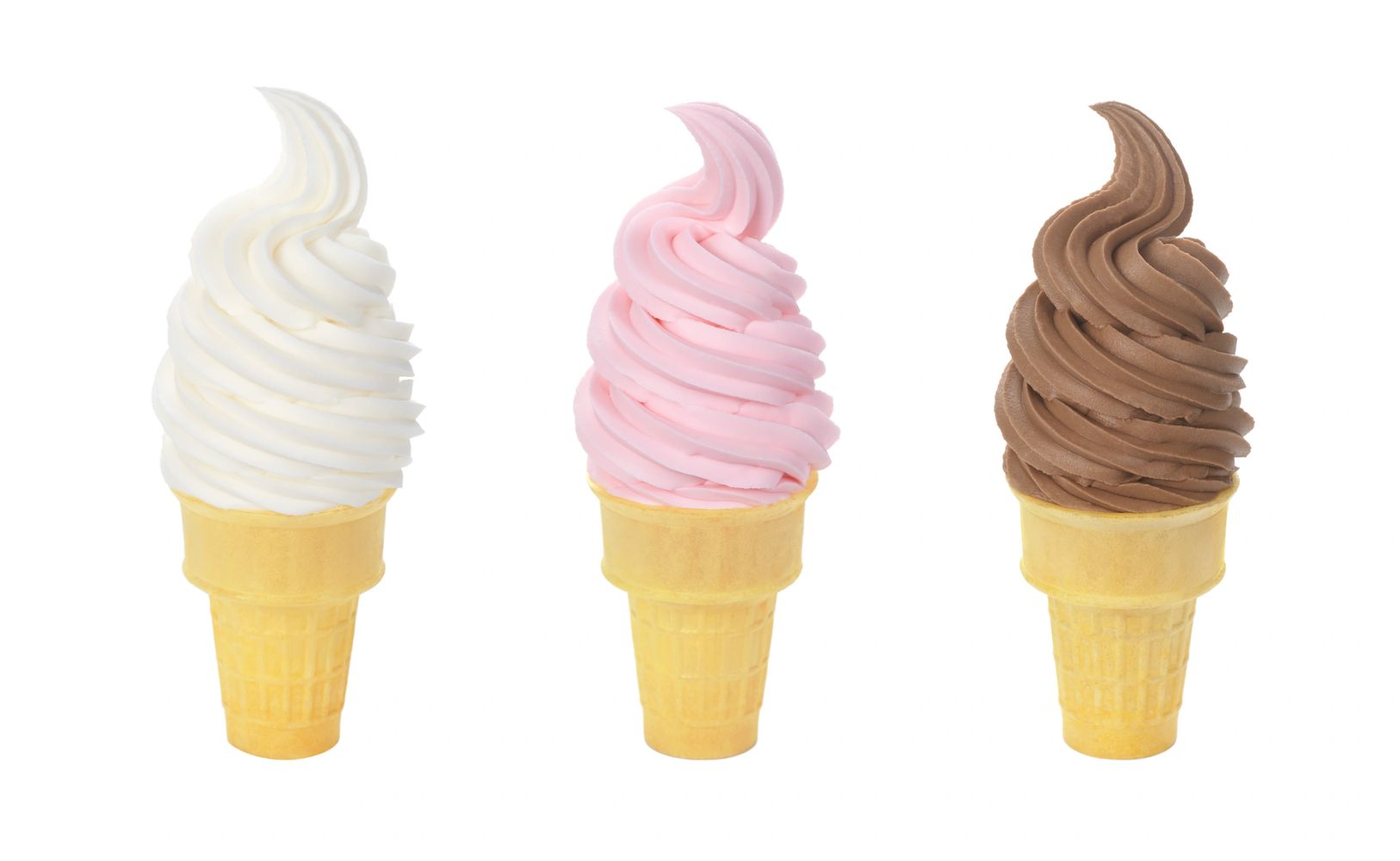 Three soft serve ice cream cones: vanilla, strawberry, and chocolate.