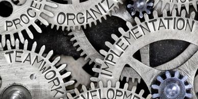 Image of interconnected gears with the words process, teamwork, development, organize, implement on 