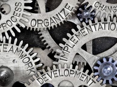Interlocking gears labeled with teamwork, development, and implementation.