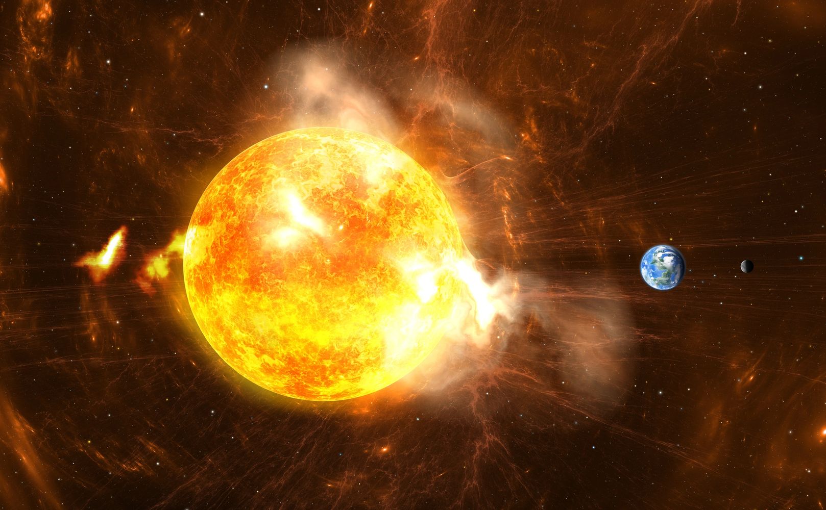 The sun emitting a solar flare towards Earth and its moon in space.