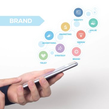 Hand holding phone with brand strategy elements around.