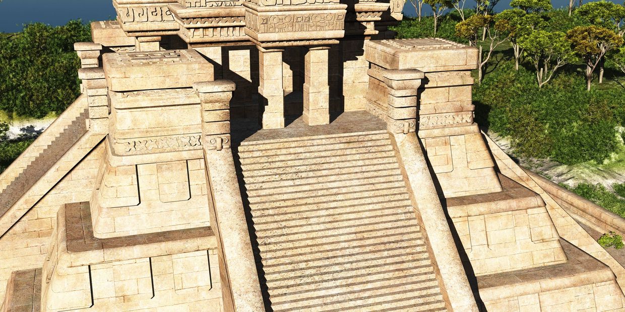 Ancient stone pyramid with wide stairs and intricate carvings.