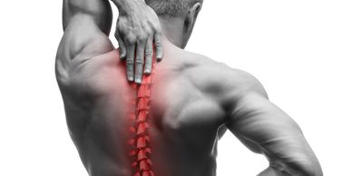 Man with highlighted spine indicating back pain or spinal issues.