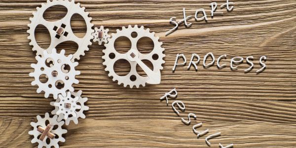 Wooden gears illustrating start, process, and result stages.