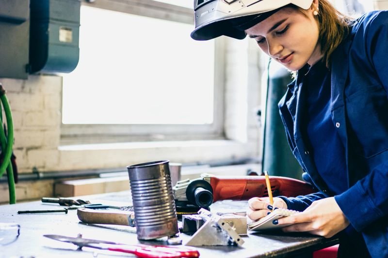 Young female university student writing down some notes for her welding process to be smoother.