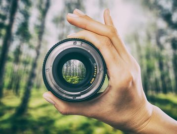Hand holding a camera lens showing a forest.