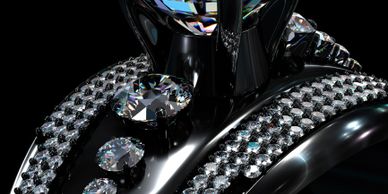 Close-up of a dazzling black ring adorned with multiple sparkling diamonds.