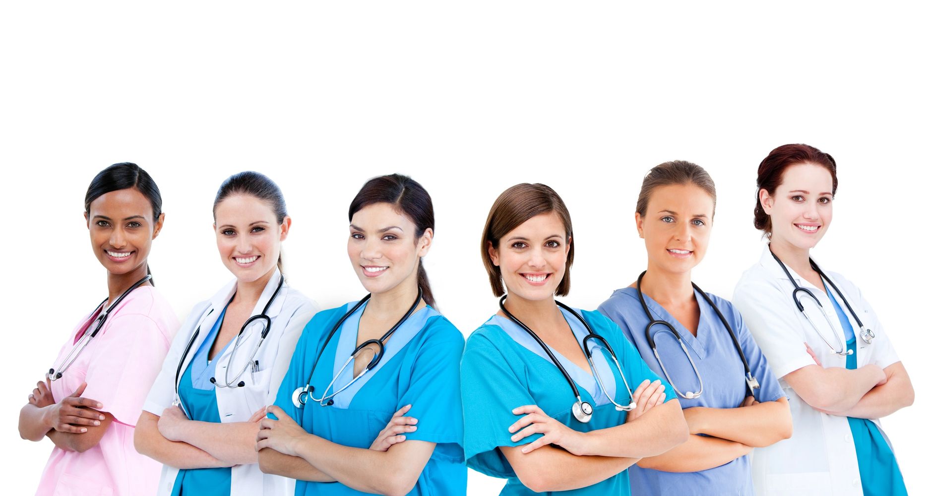 Six confident female healthcare professionals with stethoscopes smiling and standing together.