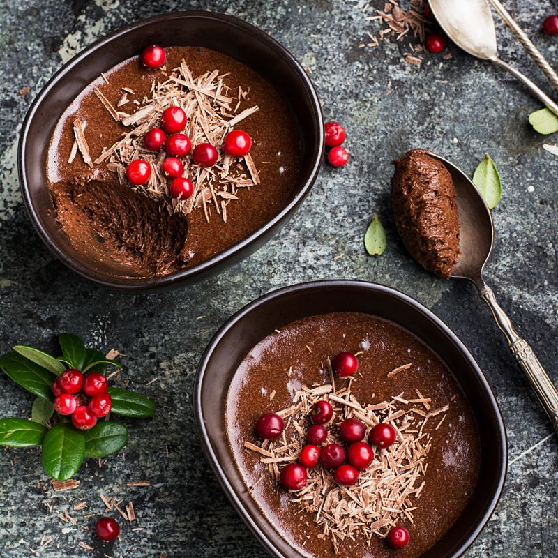 Homemade delicate chocolate mousse with cranberries and chocolate chips in serving ceramic bowls on a gray stone background. Top View