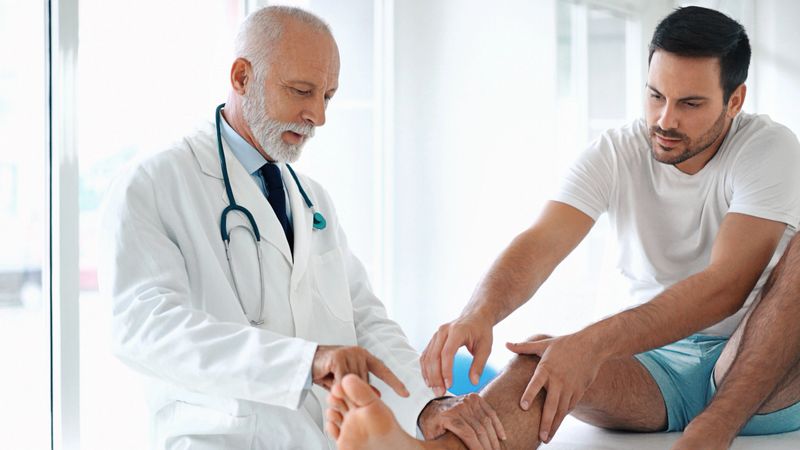 Closeup side view of late 50's doctor examining an ankle of an early 30's man during an appointment. The doctor is gently touching the tendons around the ankle and throughout the foot and trying to determine the cause of pain.