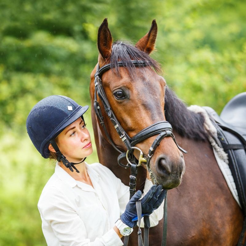 Young smiling rider woman in helmet holding bay horse by bridle