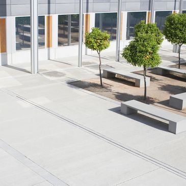Modern courtyard with benches and small trees.