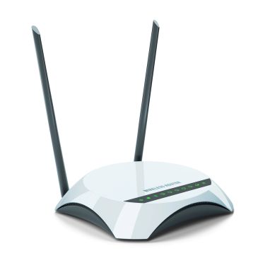 White wireless router with two antennas and indicator lights.