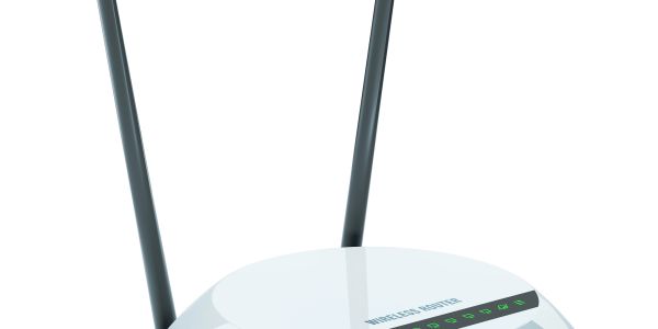White wireless router with two antennas and LED indicators.
