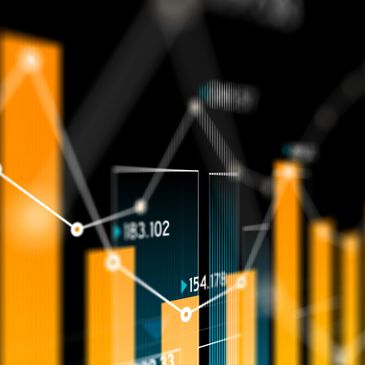 Abstract data visualization with orange bar and white line graphs on black background.