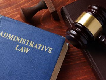 A blue book titled Administrative Law beside a judge's gavel on a wooden surface.