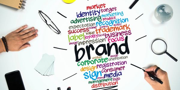 Creative word cloud about branding and marketing concepts on paper.