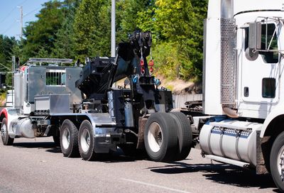 Two heavy-duty trucks parked on a road surrounded by trees.