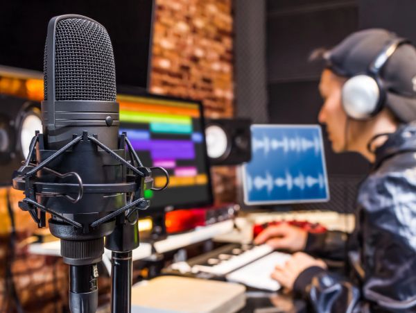 Close-up of a microphone in a music studio.