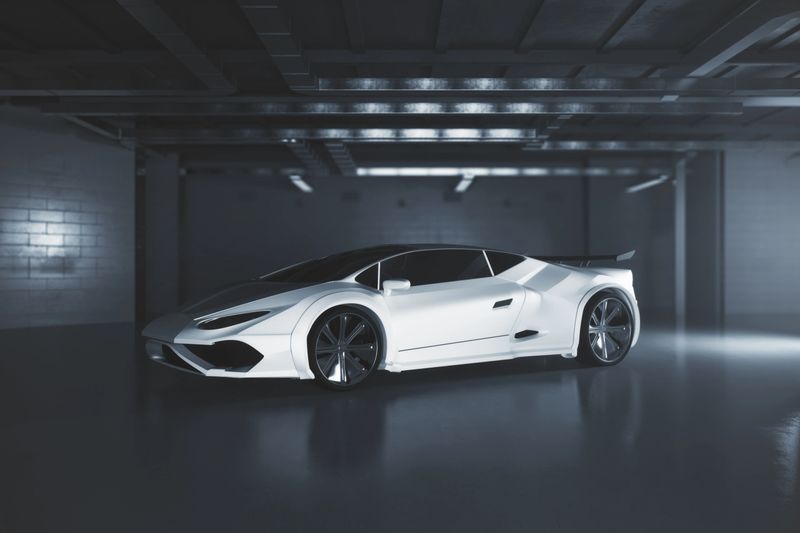 Side view of modern white sportscar inside grunge garage. Race concept. 3D Rendering