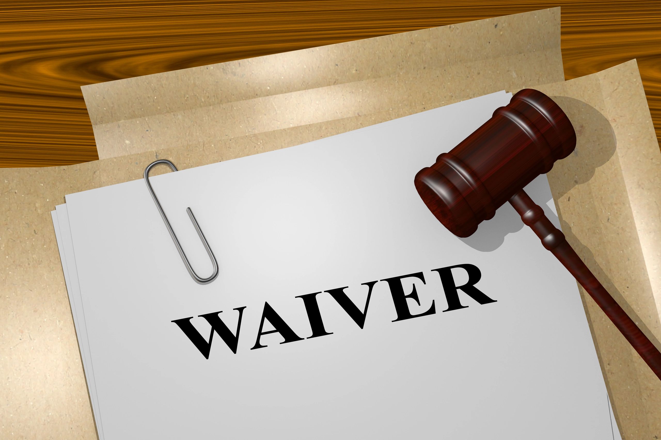 Legal waiver document with a wooden gavel.