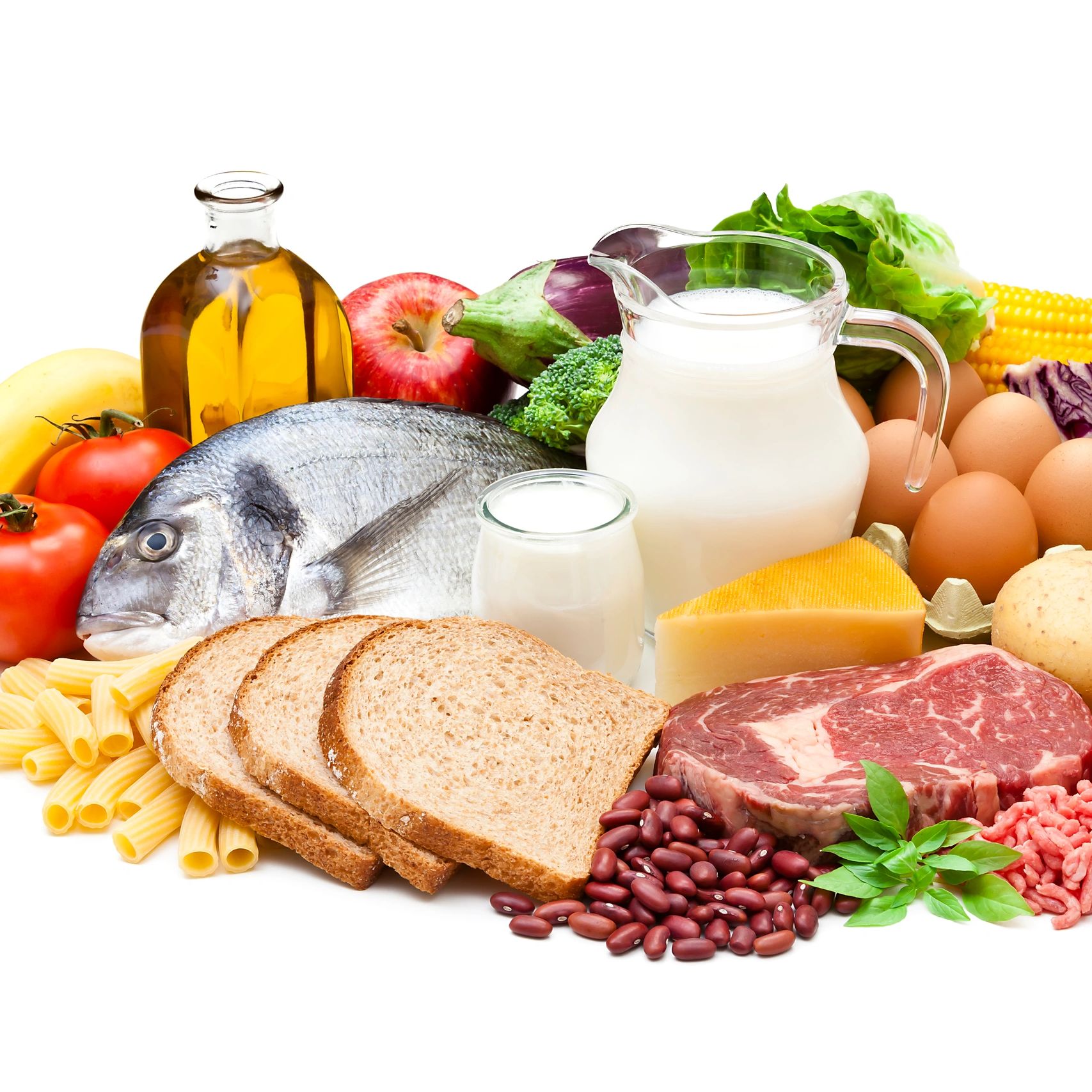 Variety of fresh food items including fish, bread, milk, vegetables, and meat.