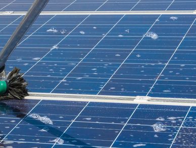 Cleaning solar panels with a brush and water.