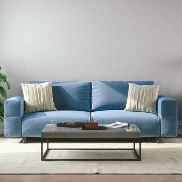 Blue sofa with cushions and a coffee table.