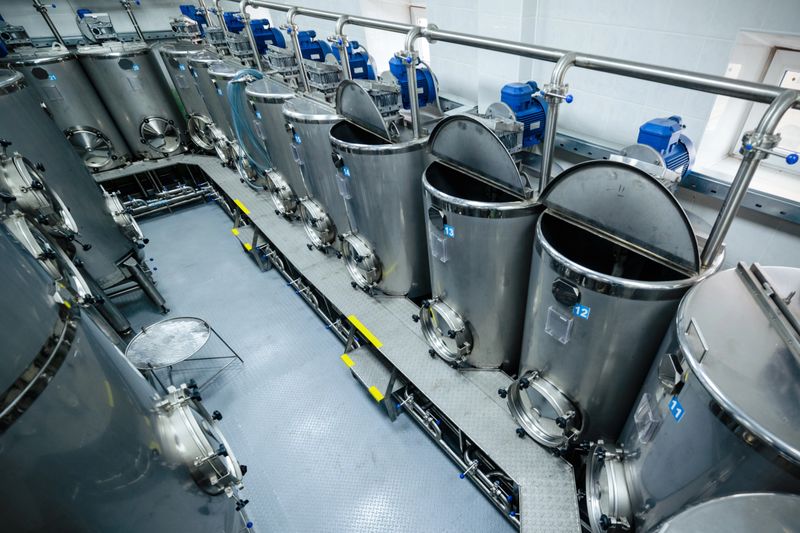 A lot of stainless steel tanks with large round hatches, modern beverage production. Food industry.