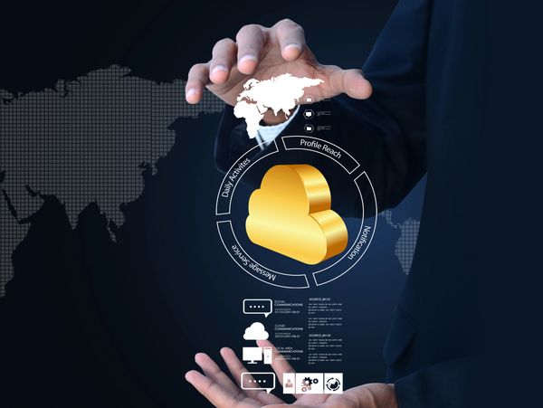 Businessman interacting with a digital cloud computing interface with a world map background.